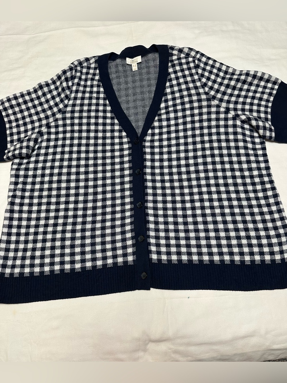 Denim & Co. Heritage Navy & White Gingham V-Neck Short Sleeve Cardigan Sweater